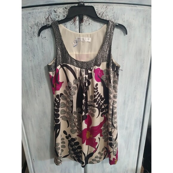Trina Turk 100% Silk Sleeveles Floral Mini Dress Sz 2 Sequence Boho Summer Artsy - Picture 1 of 10